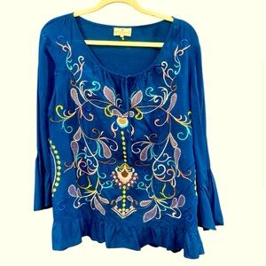 Dark Blue Colorful Embroidered Loose Fit Ruffle Top Size Large
